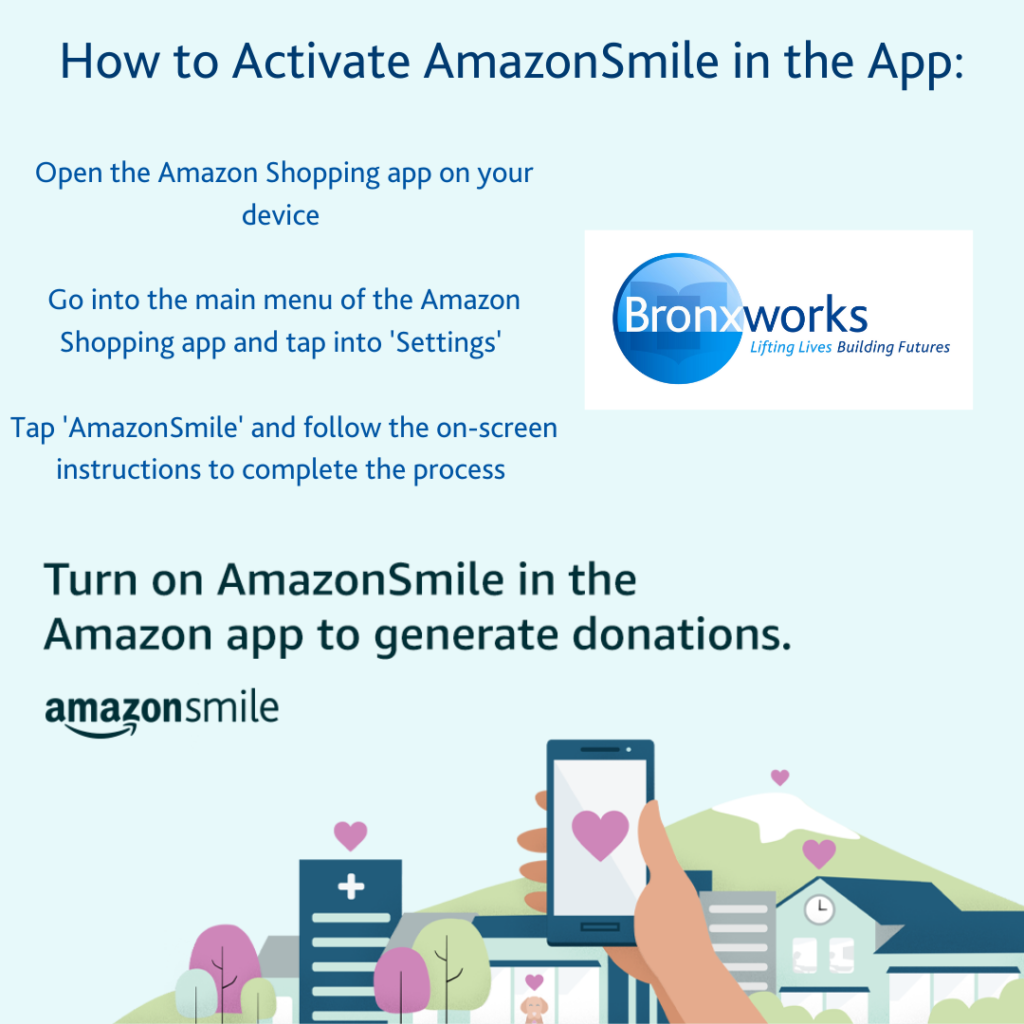 Instructions for Amazon Smile in the Amazon Mobile app