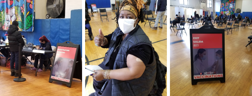 Left - A vaccine client is checked in by SOMOS staff. Center - A vaccinated woman gives a thumbs-up. Right - The BronxWorks gym turned into a vaccine clinic.