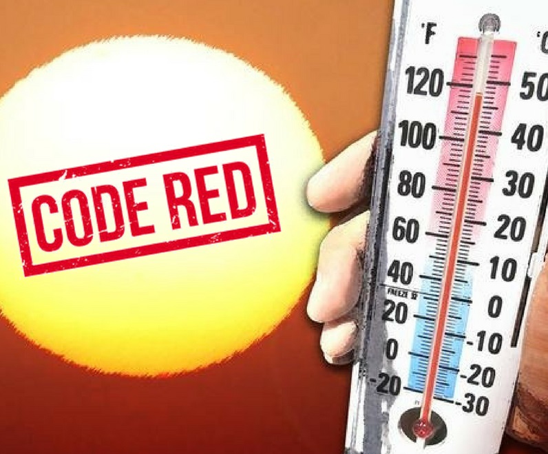 code red in front of the sun on the left side of the image. A thermometer reading above 100 degrees on the right side of the image