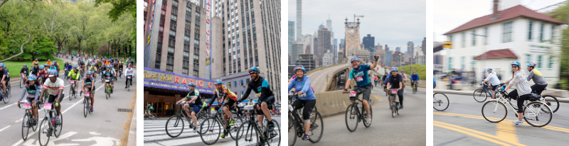 four images from past years of the TD Five Boro Bike Tour showing people riding bicycles throughout New York City