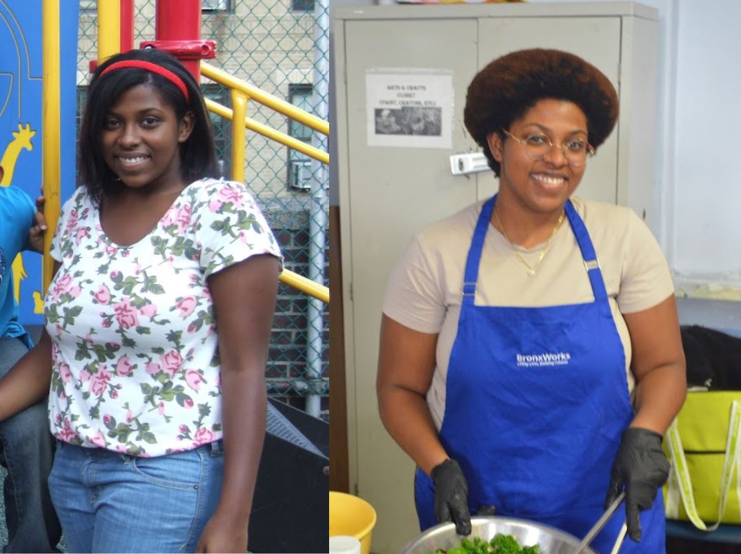 A side by side of Crisbelly Contreras. On the left, her in 2012 as a participant. On the right, her as a Program Assistant working for BronxWorks.