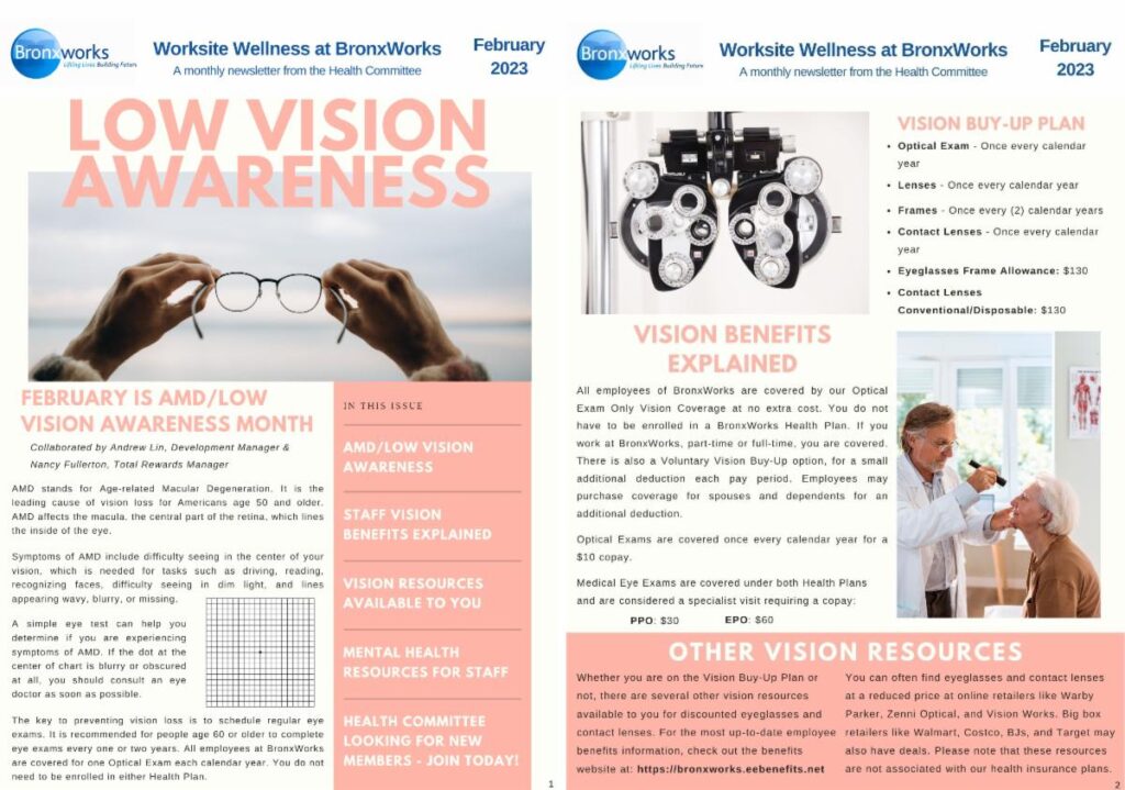 Flyer showing Bronxworks wellness on health committe including low vision awareness