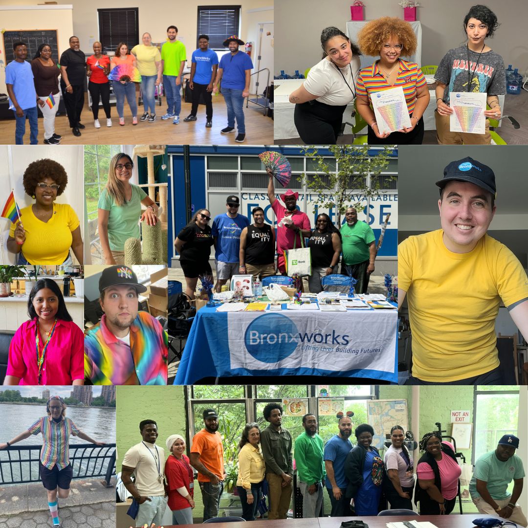 Photo collage of BronxWorks staff celebrating Pride Month at events with colorful clothing