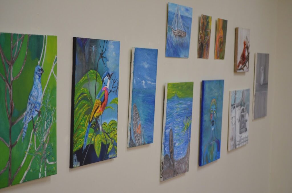 Multiple pieces of artwork displayed on a wall. The art shows images of many things, namely birds and ocean scenes.