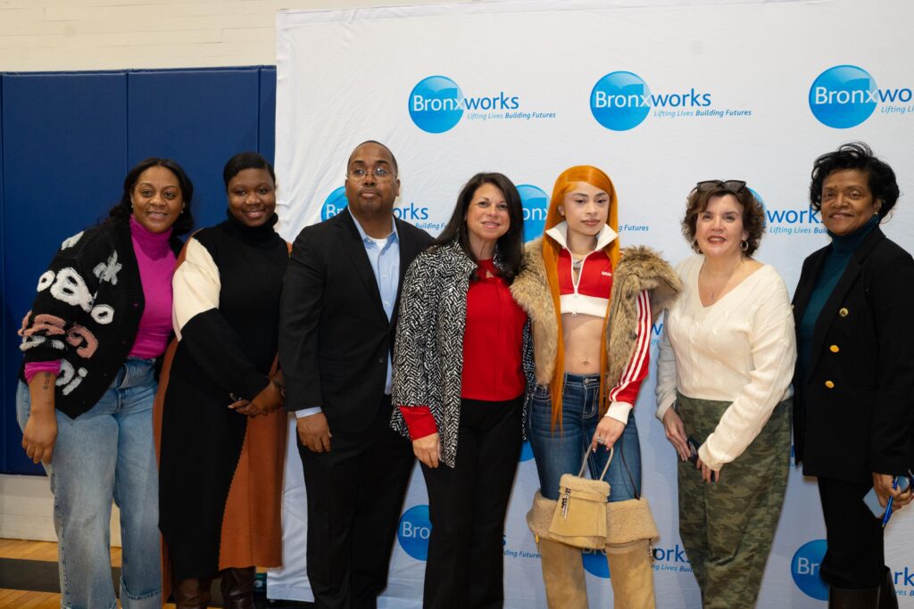 (L-R) Dina Brown, Associate Vice President, BronxWorks Middle School Programs; Danielle Mobley, BronxWorks Development Assistant; Gordon Miller, BronxWorks Chief Financial Officer; Eileen Torres, BronxWorks CEO; Rapper Ice Spice; Gianna Dell'Olio, BronxWorks Director of Advancement and Communications; Ursula Cooper-Hunter, Vice President, BronxWorks Children & Youth Programs