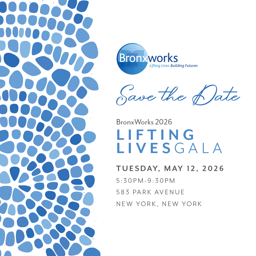 Save-the-date graphic for the BronxWorks 2026 Lifting Lives Gala. The left side features a mosaic-style pattern of blue abstract shapes. The right side includes the BronxWorks logo and text announcing the event: ‘Save the Date. BronxWorks 2026 Lifting Lives Gala. Tuesday, May 12, 2026, 5:30 PM–9:30 PM, 583 Park Avenue, New York, New York.’ The design uses blue and white tones.