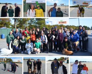 A collage of photos showing people in Halloween costumes and running gear. 