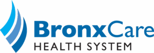 The Bronx Care Health System logo. There are three curved lines in three different shades of blue on the left. BronxCare is shown in blue lettering, with "health system" in all-caps thin black letting at the bottom.