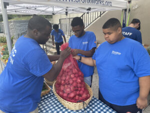 Three people wearing BronxWorks t-shirts pour potatoes from a mesh bag into a basket.