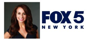 Professional headshot of a person with long, dark hair wearing a dark top, positioned on the left against a neutral background. On the right side of the image is the blue FOX 5 New York logo on a white background.